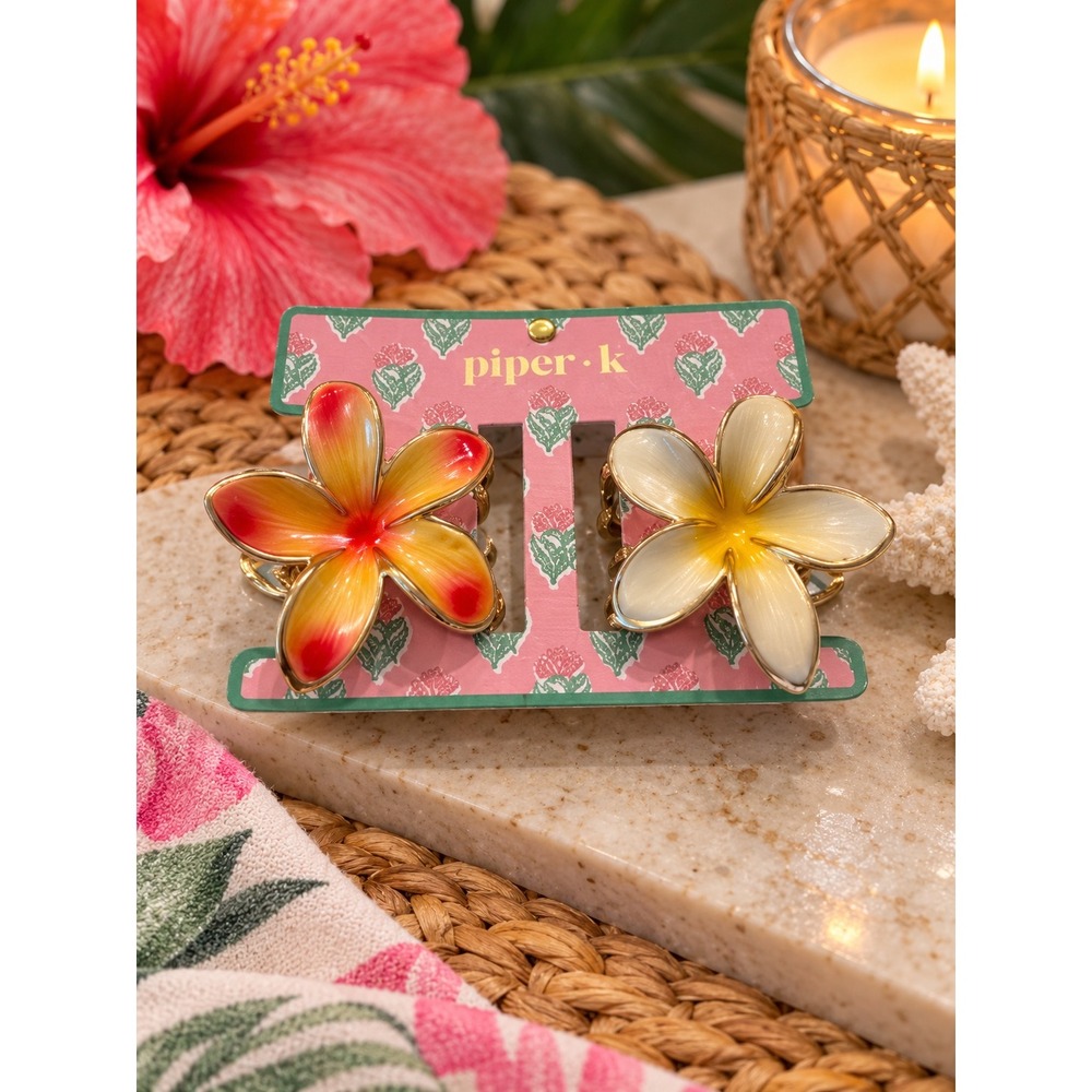 Piper K Plumeria Flower Hair Claw Clips 2 Pack Enamel Tropical Floral Gold Tone